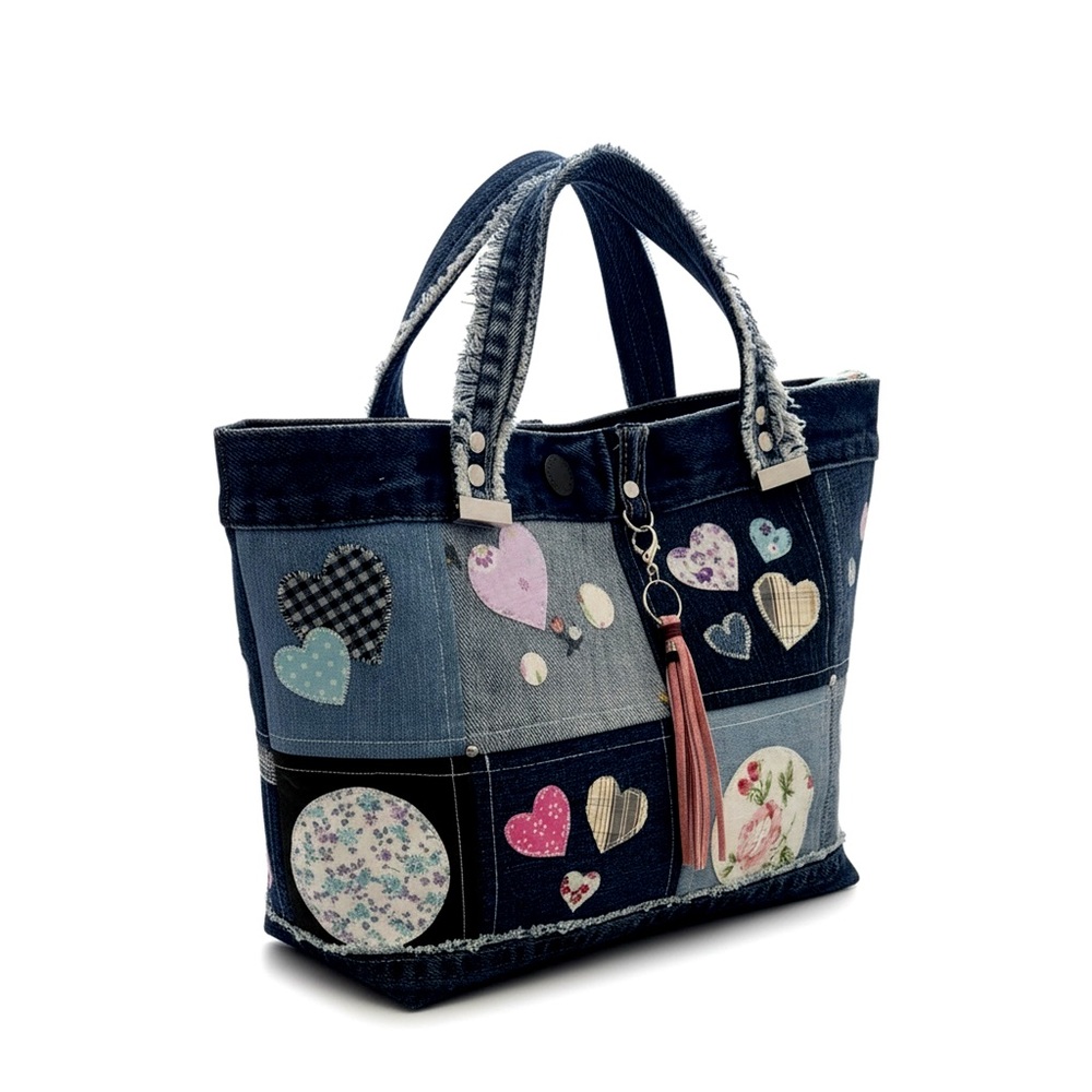 Patchwork Denim Tote Bag, Upcycled Jeans Heart Appliqué Purse, Boho Handbag